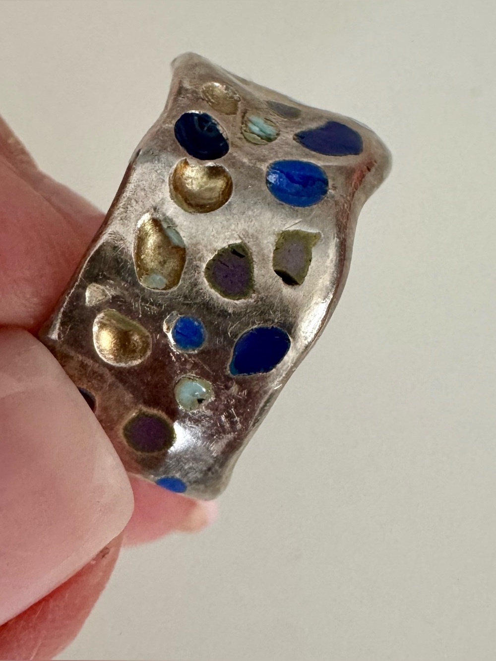 Substantial Artisan Crafted Wide Sterling Silver Ring with Enamel Inlays
